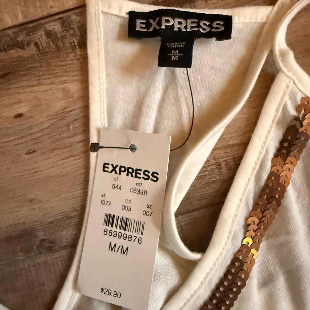 Express White Brown‎ Geometric Sequin Sleeveless Cotton Modal Tank Top M - Picture 3 of 6